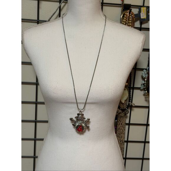 Snowman Pendant Necklace | Holiday Christmas Jewelry with Red Tree Accent - Picture 1 of 8